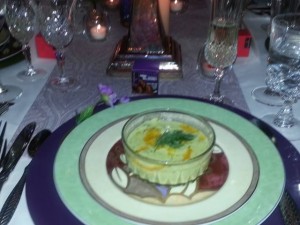 Chilled Cucumber Soup with Crabmeat and Beet Collis          