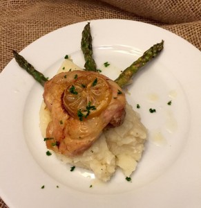 Lemon Chicken with Potato Purée and Roasted Parmesan Asparagus