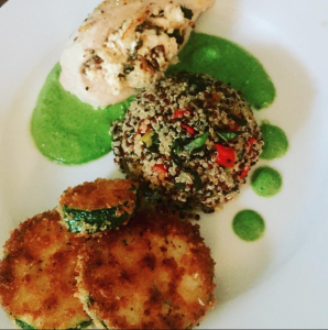 Poached-Chicken-in-Herb-Pesto-with-Quinoa-Salad-and-Fried-Zucchini 
