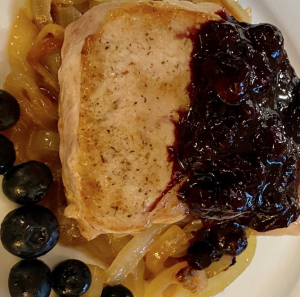 Pork-chop-with-Caramelized-Onions-and-Blueberry-Compote 