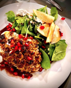 Walnut-Crusted-Chicken-with-Pomegranate-Sauce-Spinach-Salad-with-Pear-Reduction-and-Apples 